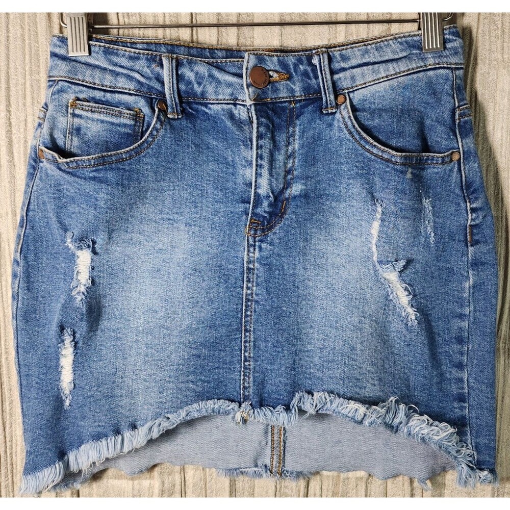 Women's  Distressed Denim Mini Skirt Small Raw Frayed Hem Stretch Sexy Hi-Lo 28"